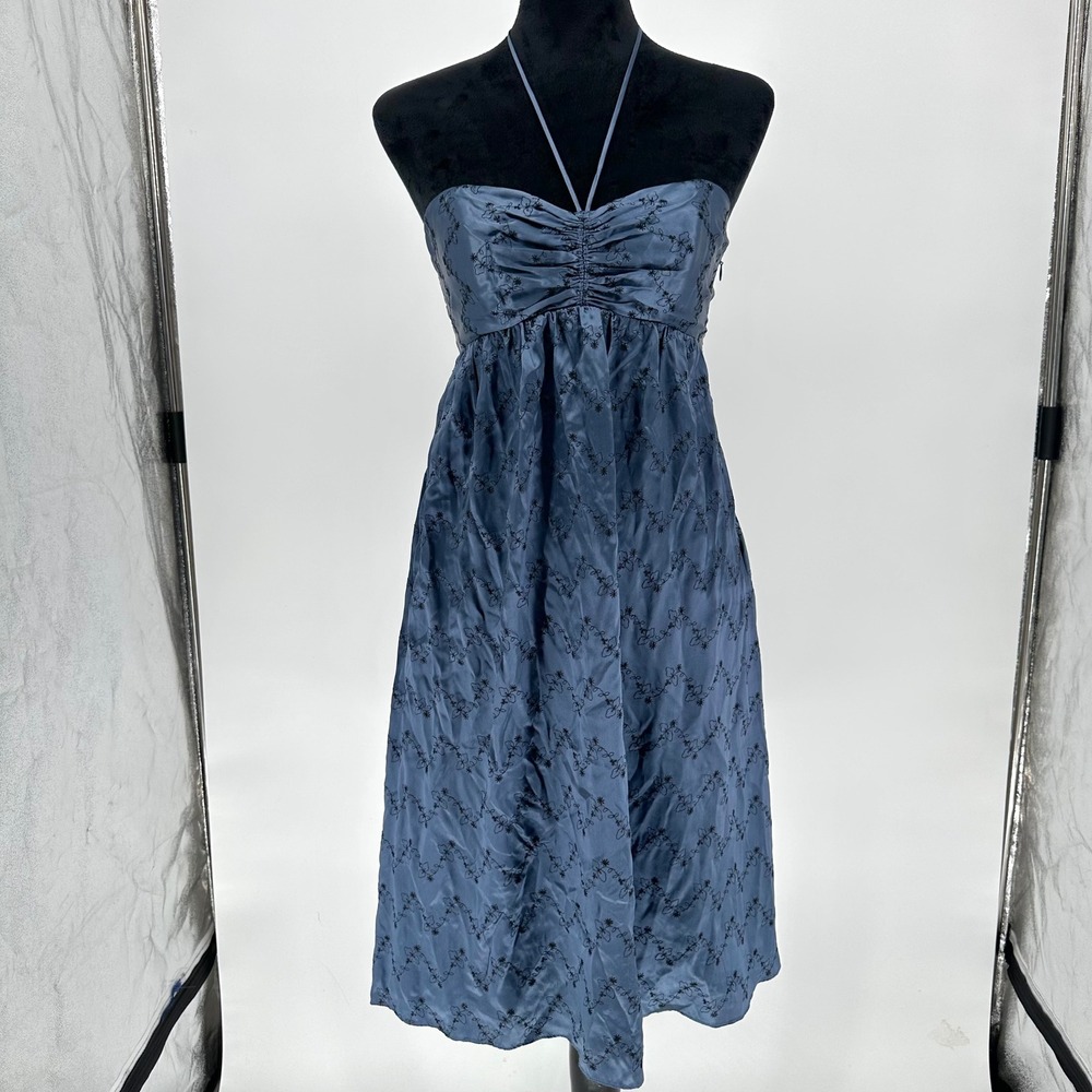 Y2K Betsey Johnson Blue 100% Silk Halter Babydoll Mini Dress Floral Pockets 2 90